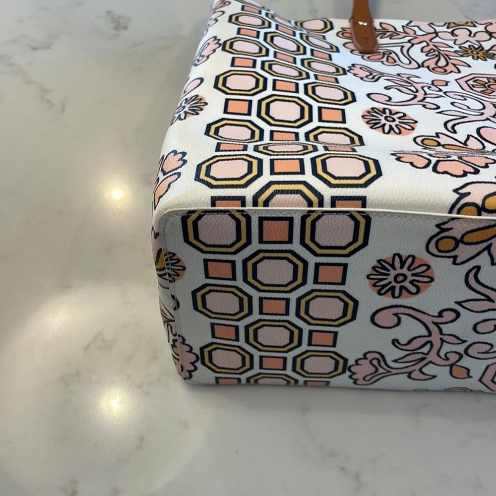 Tory Burch White, Tan & Yellow Printed Tote